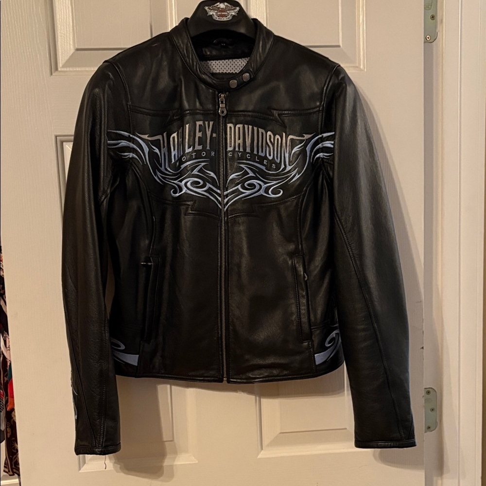Harley-Davidson Black and Baby blue and silver Leather Jacket